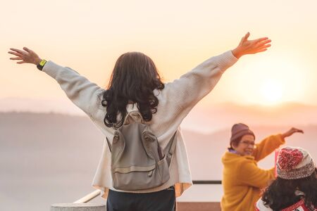 LAMPHUN THAILAND - DECEMBER 9 :  Unidentified tourists taking pictures and selfies while the sunrise on December 9,2019 at Wat Phra Phutthabat Pha Nam in Lamphun, Thailandのeditorial素材