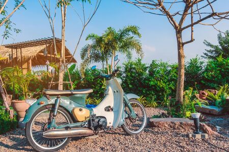 The classic retro motorcycle and popular in vintage pop culture parked to decorate in the garden. It is Legend of motorcycle.の写真素材
