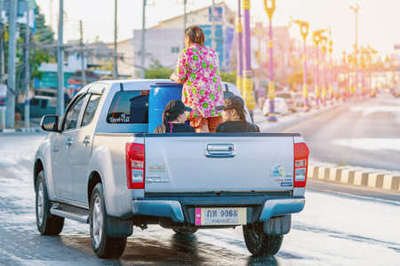 KANCHANABURI, THAILAND - APRIL 17,2019: Unidentified people celebrating Songkran by throwing water to each other on road on April 17, 2019 in Kanchanaburi, Thailand.のeditorial素材