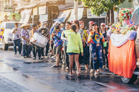 KANCHANABURI, THAILAND - APRIL 17,2019: Jazz music parade of Thai happiness people wearing colorful...