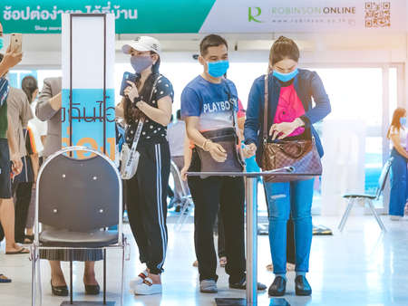 KANCHANABURI, THAILAND-MAY 19,2020: All people must register their identity using a QR code or...