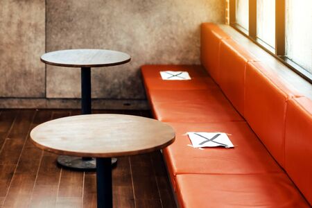 Alternative seating mark for social distance rules in the cafe distance for one seat from other people to protect from Corona Virus(COVID-19), social distancing for infection risk.New normal lifestyleの写真素材