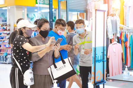 KANCHANABURI, THAILAND-MAY 19,2020: All people must register their identity using a QR code or registration book before shopping to prevent the spread of Corona virus(Covid-19) at Robinsonのeditorial素材
