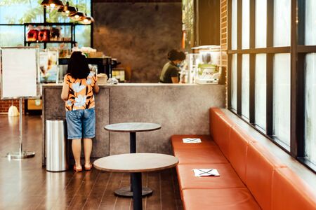 Alternative seating mark for social distance rules in the cafe distance for one seat from other people to protect from Corona Virus(COVID-19), social distancing for infection risk.New normal lifestyleの写真素材