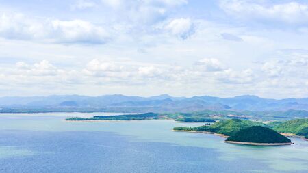 Beautiful scenery views of nature with a large reservoir above the Srinagarind Dam in Si Sawat District, Kanchanaburi Thailand.の写真素材