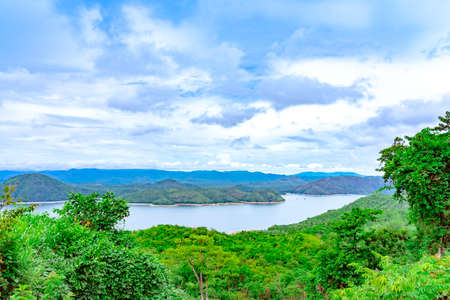 Beautiful scenery views of nature with a large reservoir above the Srinagarind Dam at Rai Ya Yam in Si Sawat District, Kanchanaburi Thailand.の写真素材