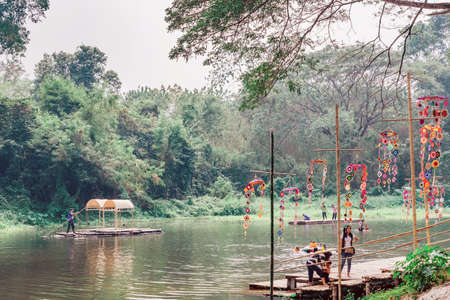 RATCHABURI THAILAND-JANUARY 19,2020 : Unidentified people come to visit, relax and swim in the stream at Ohpoi Market on january19, 2020 in Ratchaburi Thailand.のeditorial素材