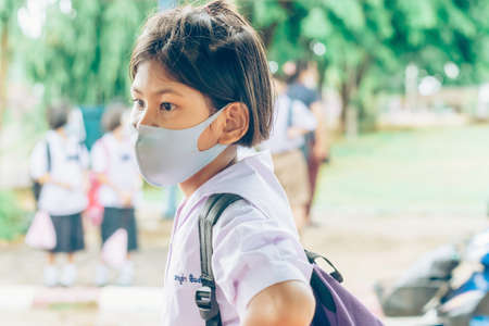 KANCHANABURI, THAILAND - APRIL 17,2019: Unidentified people celebrating Songkran by throwing water to each other on road on April 17, 2019 in Kanchanaburi, Thailand.のeditorial素材
