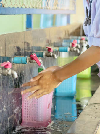 Hand washing area for cleaning to prevent the spreading of the  virus for students before class in school. Health Care concept. New normal Education. Selective focus on faucetの写真素材