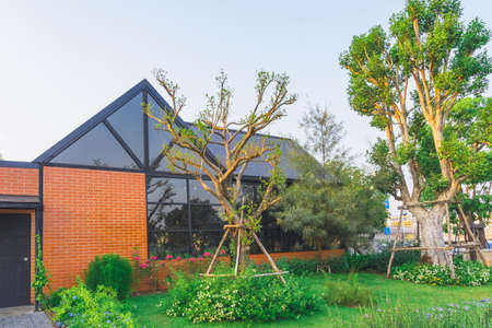 KANCHANABURI,THAILAND - FEBRUARY 14, 2021 : Beautiful garden decoration of Cafe Amazon coffee shop at PTT gas station. Cafe Amazon is a chain of Thai coffeehouses owned by PTT Public Company Limited.のeditorial素材