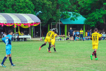 KANCHANABURI THAILAND - JULY 20 :   Training and football match between youth soccer teams on July 20,2018 at Nongthabong School in Kanchanaburi, Thailandのeditorial素材