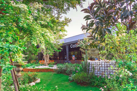 KANCHANABURI,THAILAND - FEBRUARY 14, 2021 : Beautiful garden decoration of Cafe Amazon coffee shop...