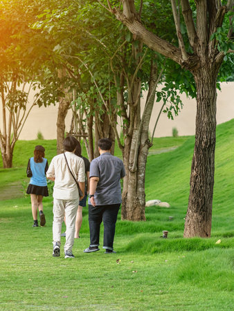 Group of happiness Asian friends talking and walking along the path of park with tall green trees together. The friendship and fun of Asian friends spending their free time outdoors together.の写真素材