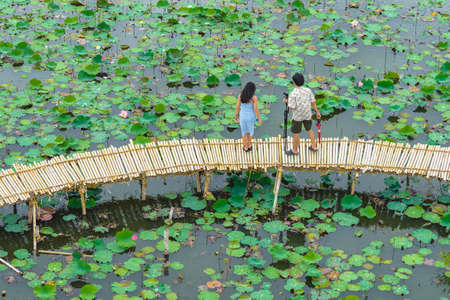 Top view of Asian tourists enjoy taking pictures on bamboo bridge over river with many lotuses. Happiness couple spending time together outside in water nature. Scenery view of people with lotus pond.の写真素材