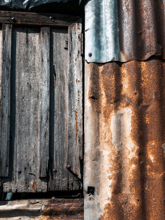 Old and rusty zinc sheet wall. Vintage style metal sheet roof texture. Pattern of old metal sheet. Rusting metal or siding. Corrosion of galvanized. Background and textures in retro concept.の写真素材