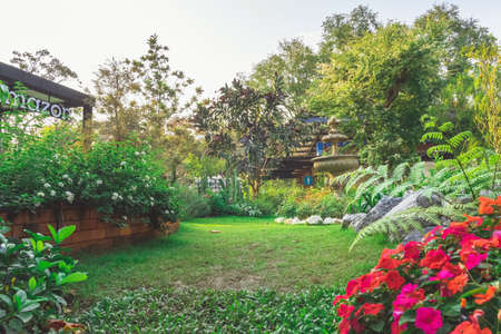 KANCHANABURI,THAILAND - FEBRUARY 19, 2021 : Beautiful garden decoration of Cafe Amazon coffee shop at PTT gas station. Cafe Amazon is a chain of Thai coffeehouses owned by PTT Public Company Limited.のeditorial素材