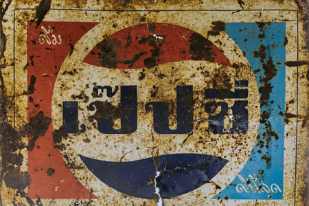 KANCHANABURI, THAILAND-DECEMBER 29,2019 : Close up vintage pepsi cola logo banner, old rusty and broken zinc plate of pepsi soft drink sign board advertising to decorate in retro style at coffee shop.のeditorial素材
