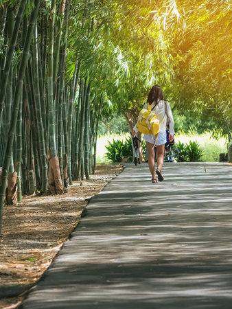 Back view of young woman with photo backpack and holding tripod walks alone to find photoshoot...