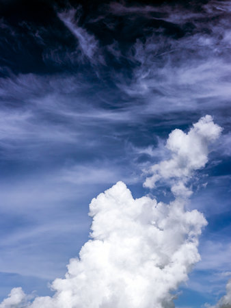 Clouds in the blue sky. Natural sky background texture, beautiful color. Peaceful blue sky with...