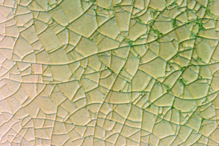 Close up to background and texture of stretch marks cracked on emerald green glazed tile. Scratches...