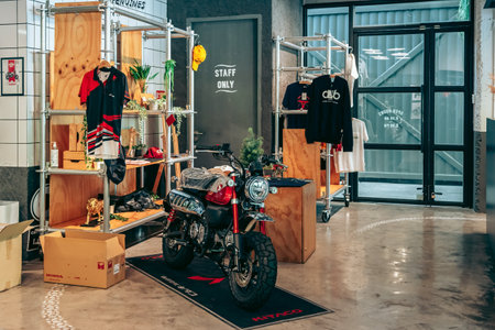 NAKHON PATHOM,THAILAND-JANUARY 7, 2023 : View of Honda Super Cub C 125 Motorcycle classic 125cc. collection on display for sale at CUB House Nakhon Pathom Honda x Greyhound Coffee. Concept retro.のeditorial素材