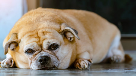 Fat brown old dog lying in front of the door and waiting for his owner to come home. Lonely cute dog lies on cement floor and looks sad eyes. Lazy dog napping. Lifestyle of elderly pet at home conceptの写真素材