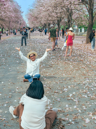 NAKHON PATHOM -THAILAND, MARCH 15 ,2023 : Unidentified Tourists come to visit and take photo with beautiful pink trumpet tree blooming and falling on ground like the pink road at Chompu Pantip Road.のeditorial素材
