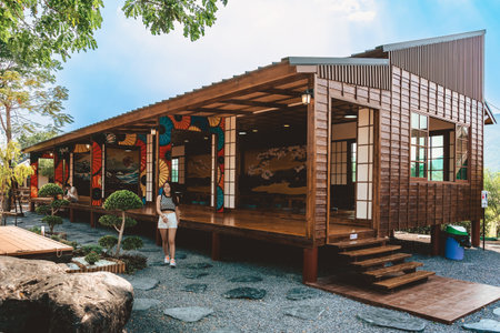 KANCHANABURI -THAILAND, MARCH 30 ,2023 : Unidentified Tourists come to visit and take photo with restaurant and cafe with a beautiful garden decorated in Japanese style at Tomi Edo Park. Outdoor relaxのeditorial素材