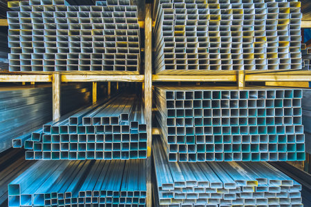 Various shape of many different steel bars and tubes for sale on storage shelf. Warehouse shop for...