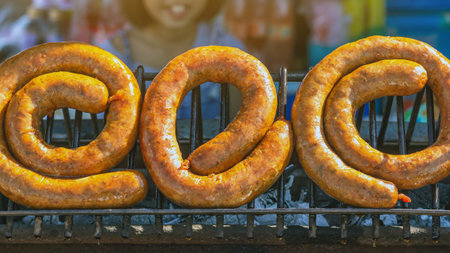 Grilled Thai sausages (Sai Aua). Thai style Isaan sausage. Popular Thai street food. Northern...