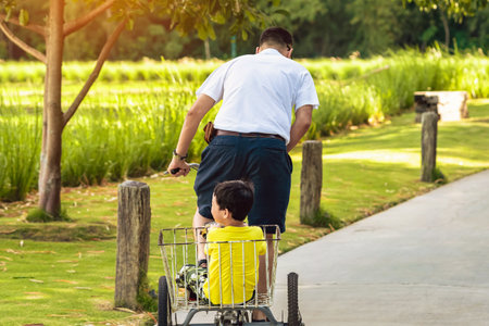 Back view of happy Asian young boy with dad ride tricycle in sunny park. Man ride tricycle with...