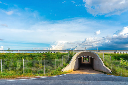 View of tunnel for cars passing under a motorway with a grassy hill and beautiful sky in background. U-turn in the tunnel. tunnel Pass under. Beautiful view of the expressway outside the city.の写真素材