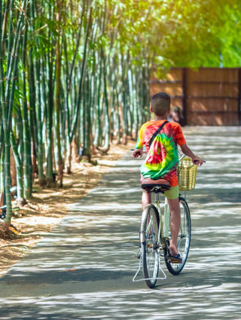 Back view of Happy Asian young boy enjoy with bicycle in bamboo park. Asian child rides bicycle with having fun to exercise activity lifestyle in garden. Chilling and relaxing kid enjoys nature.の写真素材