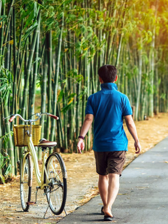 Back view of Asian man walking on pathway through bicycle in bamboo garden. Asian guy walk alone in green bamboo forest. Happy young man spending time outside in green nature. Enjoying nature outdoor.の写真素材