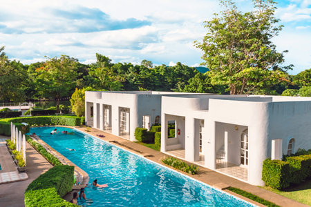 KANCHANABURI-THAILAND,JUNE 30,2023 : Beautiful exterior view of modern resort in loft style or...