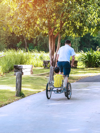 Back view of happy Asian young boy with dad ride tricycle in sunny park. Man ride tricycle with...