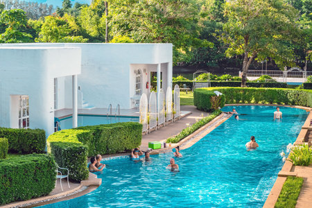 KANCHANABURI-THAILAND,JUNE 30,2023 : Beautiful exterior view of modern resort in loft style or decoration of cozy lodge in modern style at Villa La Flora. Beautiful Resort or Hotel exterior in garden.のeditorial素材