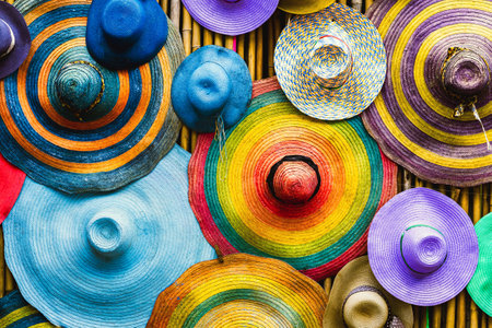 Variety of fashionable and colorful hats hanging on bamboo backdrop of curbside shop. Tourism designer straw hats from the sun of different colors. Design of tourist beach hats. Beach hats for summer.の写真素材