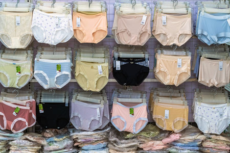 DA NANG CITY-VIETNAM , OCTOBER 14, 2023 : Variety of Beautiful Lingeries and women underwears made from bamboo pulp for healthy were hanging for sale in the shopping mall or department store.のeditorial素材