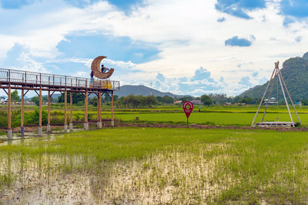 KANCHANABURI-THAILAND,SEPTEMBER 13, 2020 : Happy young women friends take photo with crescent moon chair made of rattan for relaxation in paddy field with beautiful scenic at Rakkanna noodle and cafe.のeditorial素材