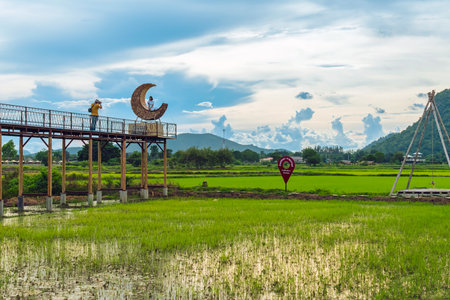 KANCHANABURI-THAILAND, SEPTEMBER 13, 2020 : Happy young couple take photo with crescent moon chair made of rattan for relaxation in paddy field with beautiful scenic at Rakkanna noodle and cafe.のeditorial素材