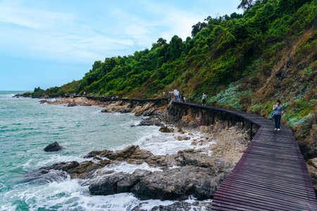 RAYONG,THAILAND-AUGUST 13,2023 : Unidentified tourists enjoy sightseeing beautiful viewpoint at Khao...