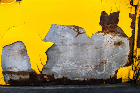 Damaged and peeling car paint surfaces due to age and incorrect paint care. Rust of old car. Rust hole on old worn painted metal surface. Rust body car damage. Broken part of car body with rusty.の写真素材