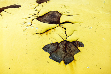 Damaged and peeling car paint surfaces due to age and incorrect paint care. Rust of old car. Rust hole on old worn painted metal surface. Rust body car damage. Broken part of car body with rusty.の写真素材