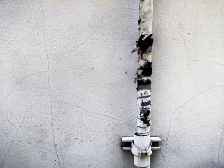 Old air conditioner drain hose with broken insulation. Air conditioning compressor pipe line...