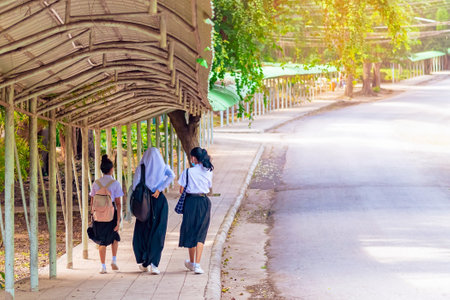Cheerful muslim woman wearing hijab walking with her friend. Happy three asian female students friend in uniform walking together on footpath in campus. Multicultural female friends outdoors.Diversityの写真素材