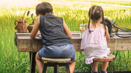 Back view of Asian boy and girl sit to relax and playing internet with mobile smartphone on vacation at rice field. Happy children using smartphone outdoors together. Brother and sister relationships.の写真素材