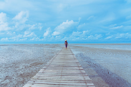Beautiful Asian woman relaxing on the tropical beach jetty (wooden pier) with sea water recedes in background. Lady wear hat resting at a wooden bridge jetty on a tropical island with beautiful view.の写真素材