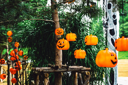 Many DIY head of Halloween Jack o Lantern Pumpkin with spooky smiling face hanging with ropes decorated on tree. Orange color of pumpkin heads. Happy Halloween concept. Traditional Halloween pumpkin.の写真素材