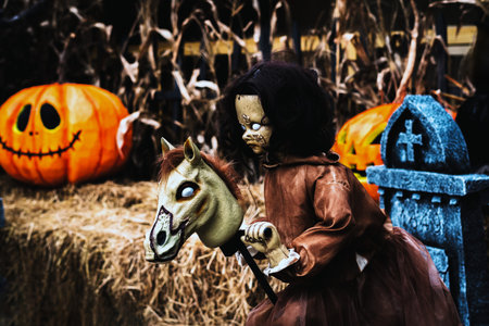 Zombie doll portrait. Creepy of doll face with zombie skin in the dark background.  Scary horror creepy doll decoration for Halloween. Ghost mystic doll face background. Halloween holiday concept.の写真素材